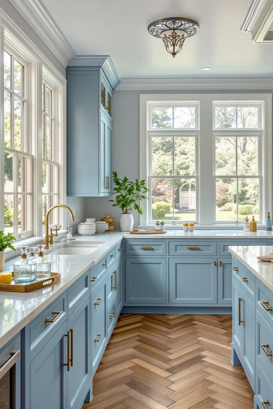 Bright kitchen with blue cabinets and chevron floor