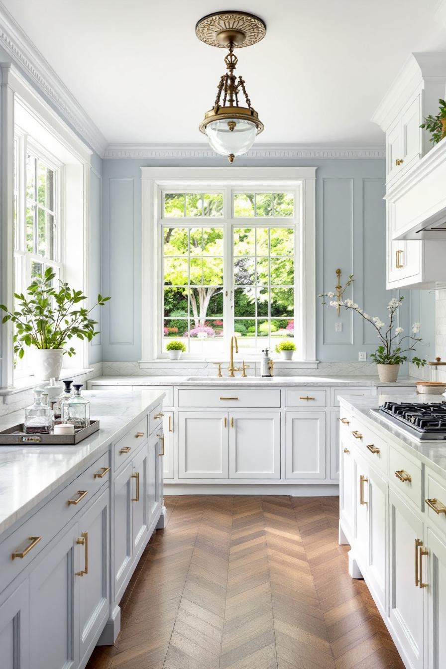 Kitchen with large window, leafy view, and elegant lighting