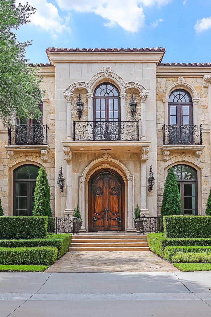 Elegant stone facade with wrought iron details