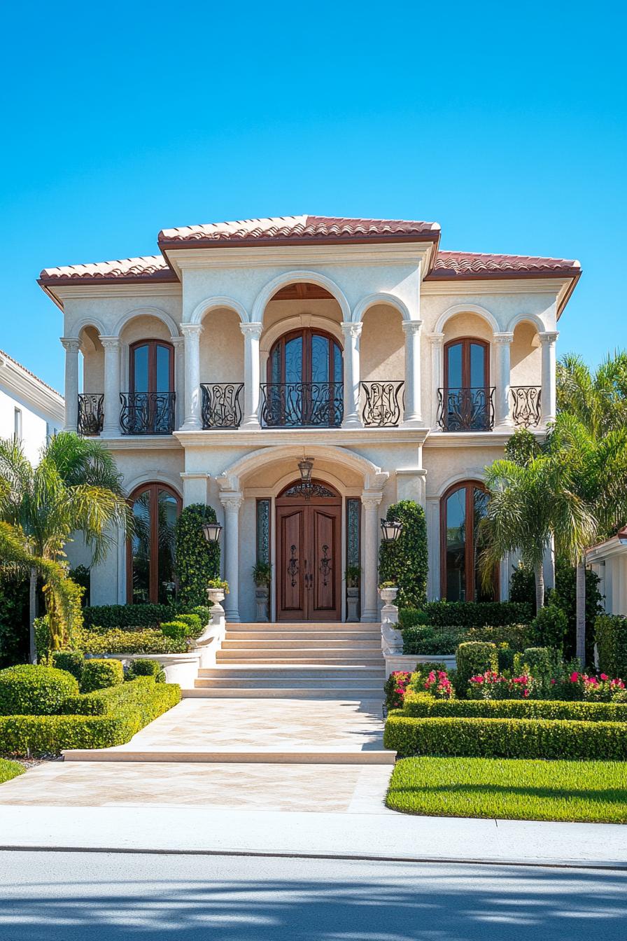 Luxury house with arched balconies and manicured garden