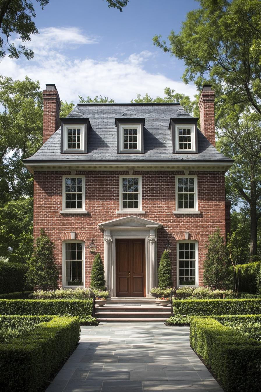 Brick Georgian house with classic columns and lush greenery