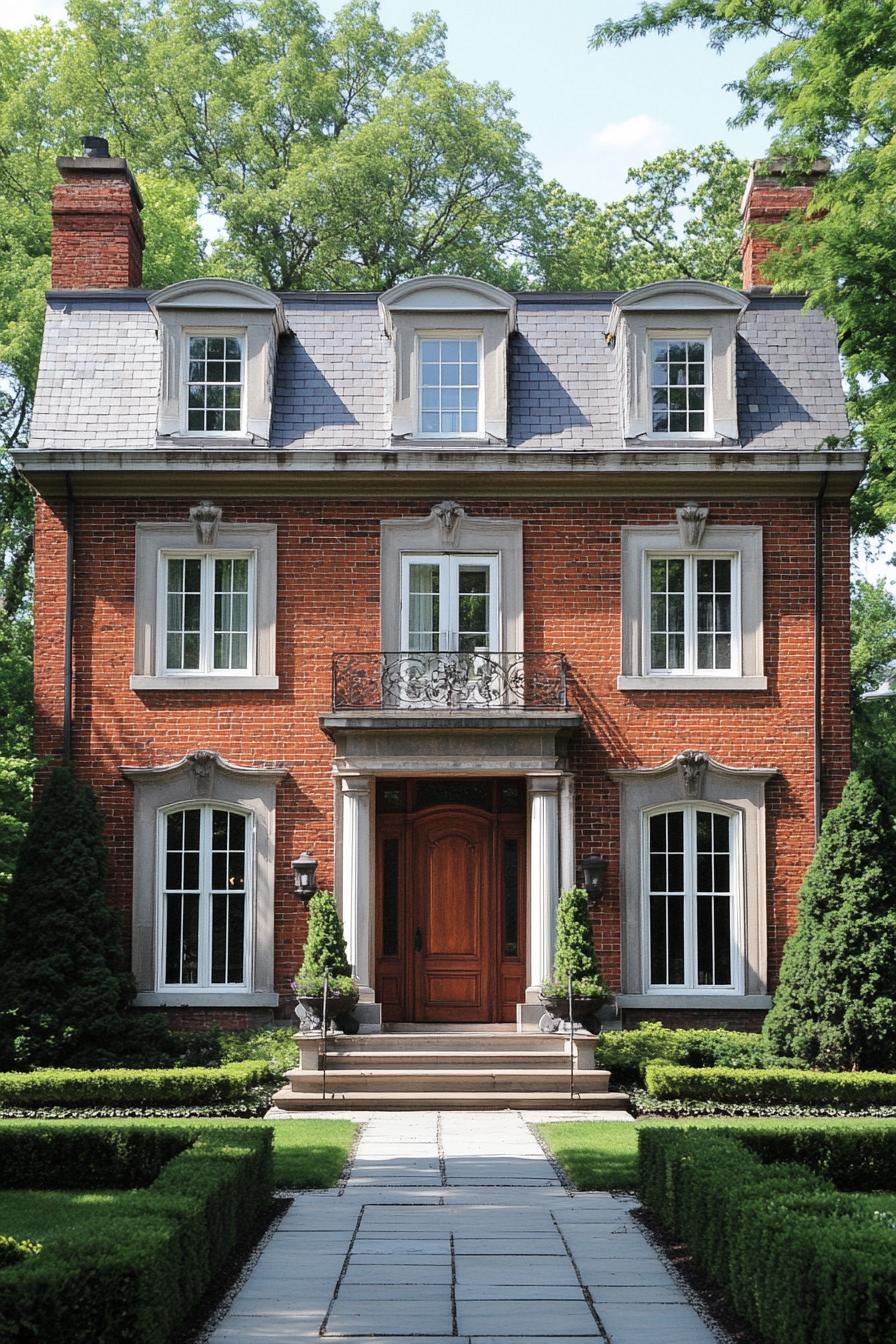 Red-brick Georgian house with lush greenery