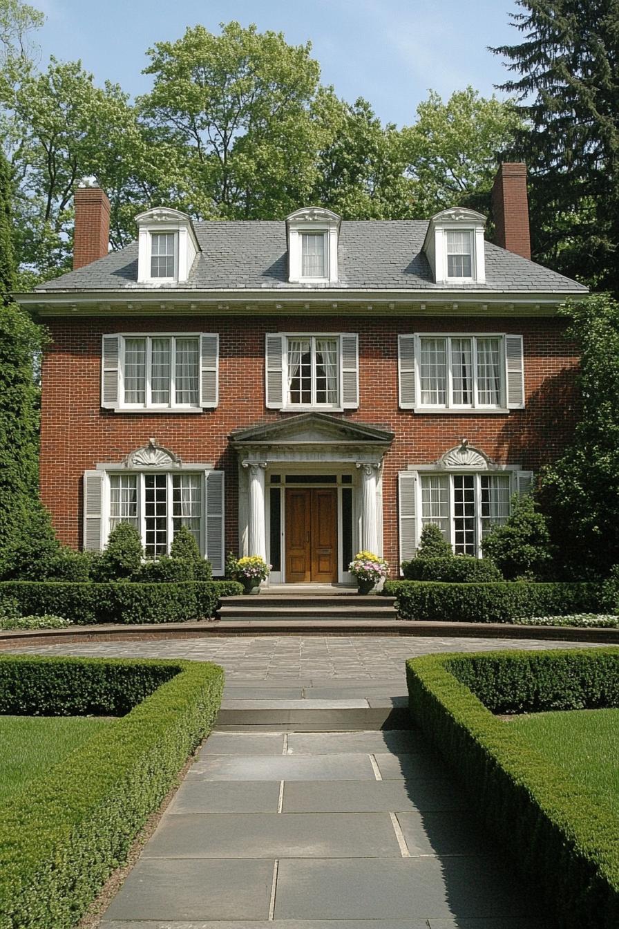 Classic Georgian house with columns and hedges