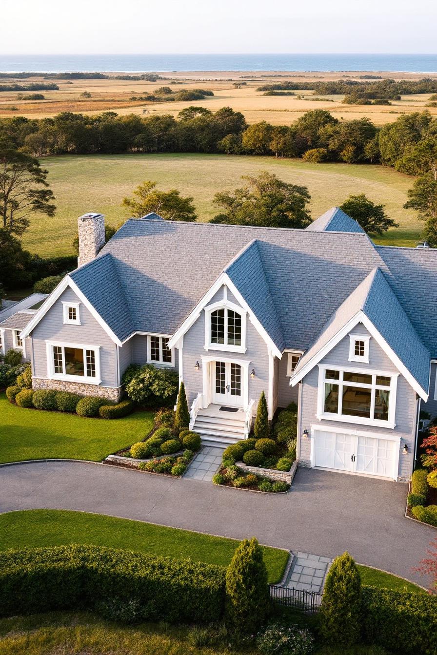 Large coastal house with white trim and lush landscape