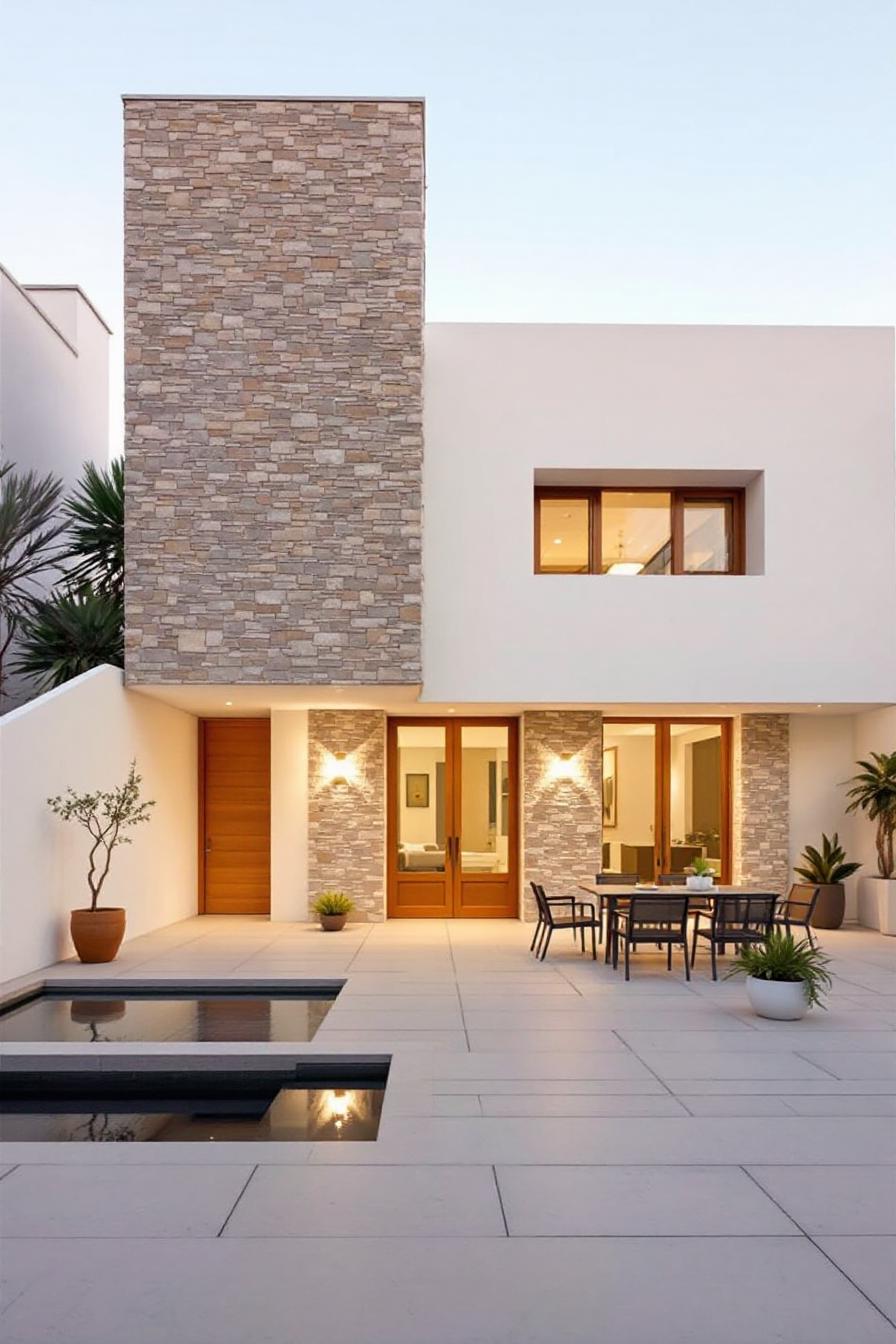 Modern Mediterranean house with stone facade and patio