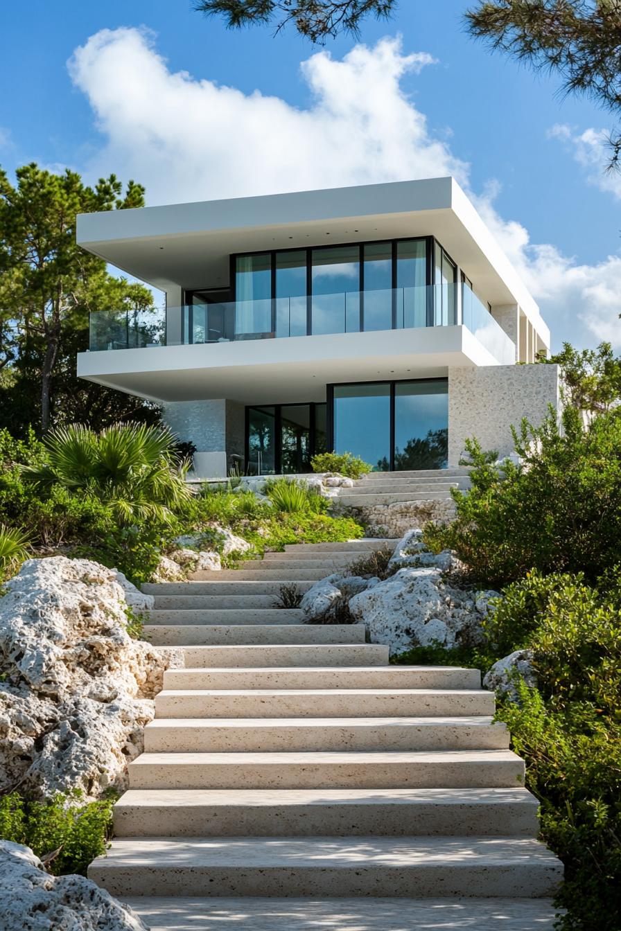 Modern white house with steps and greenery