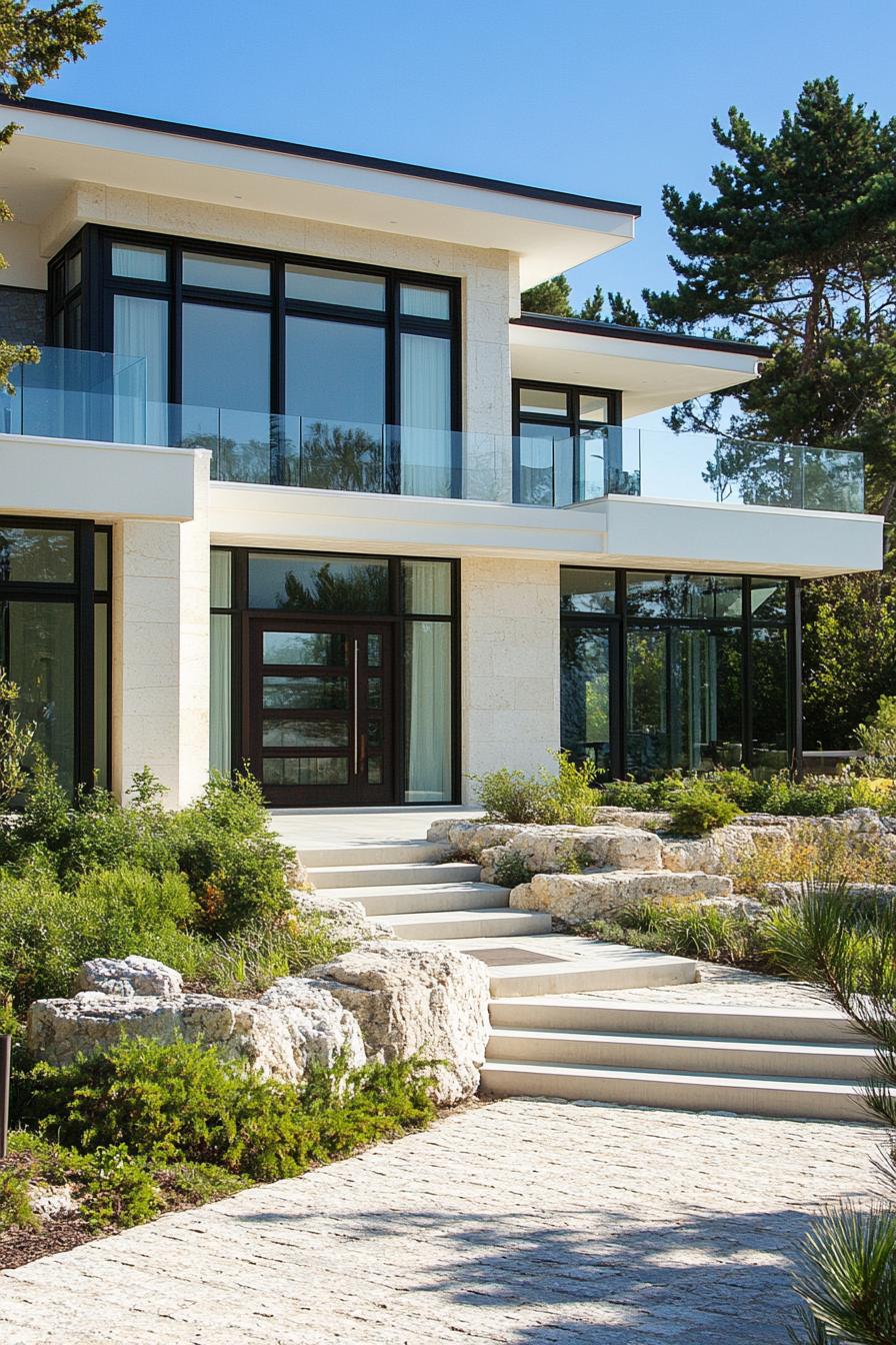 Modern Mediterranean house with light stone and glass accents