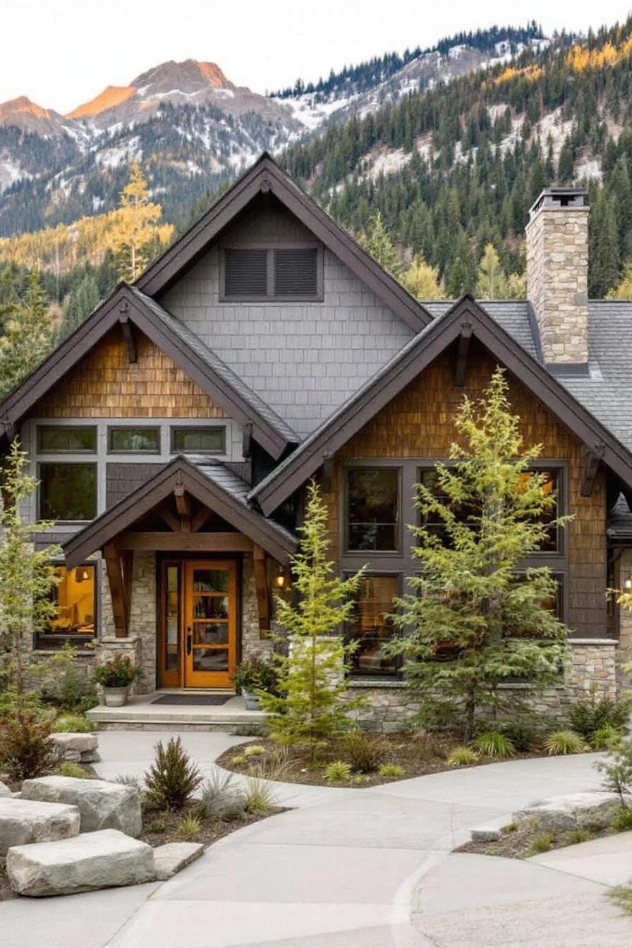 Charming mountain craftsman house with rustic features and trees