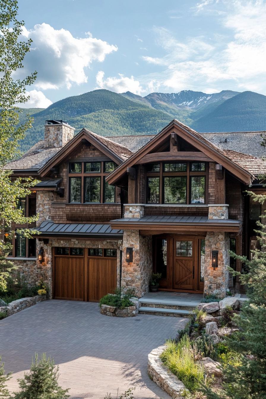 Wooden mountain house with stone accents