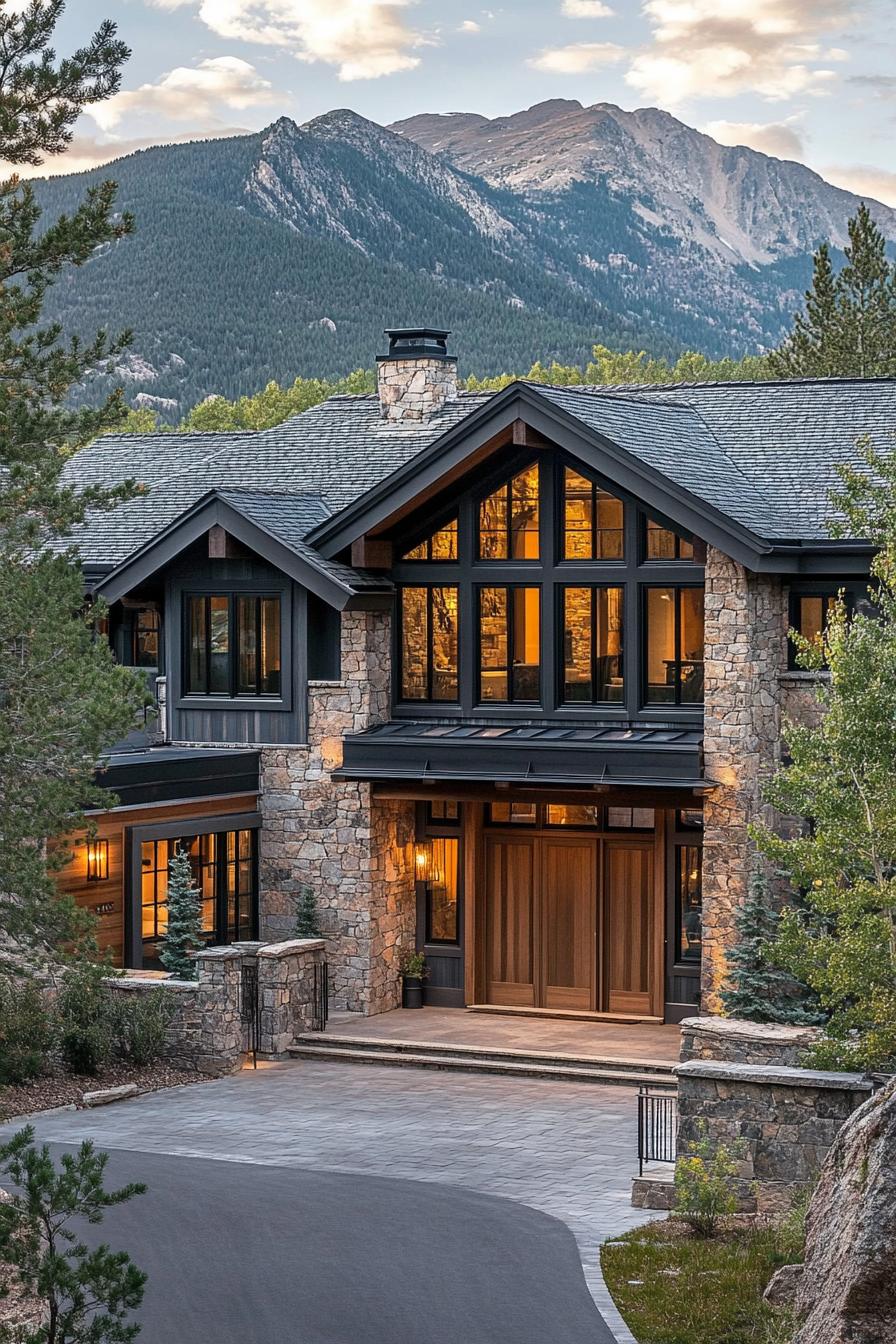 Stone and wood mountain house with large windows