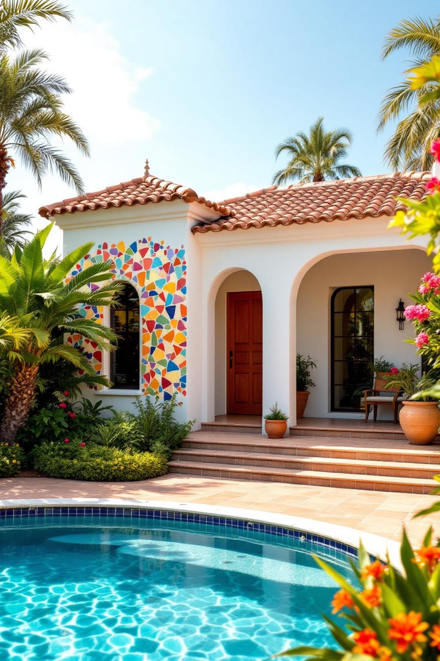 Contemporary one story Spanish bungalow single story facade with crisp white stucco finish beautiful colorful mosaic tile art on the facade modern