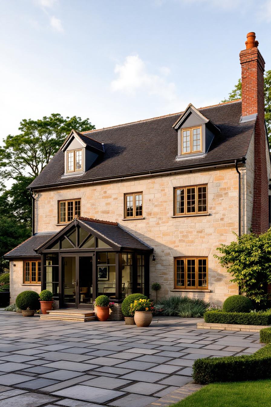 English stone cottage with red brick chimney