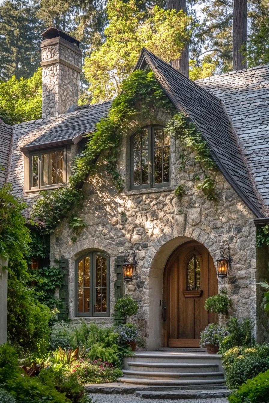 Quaint stone cottage surrounded by greenery and ivy