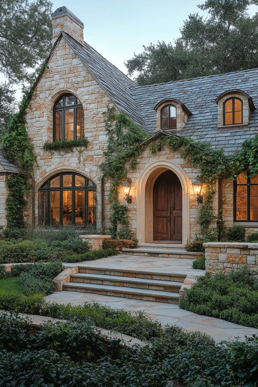 Quaint stone cottage with wooden door and ivy