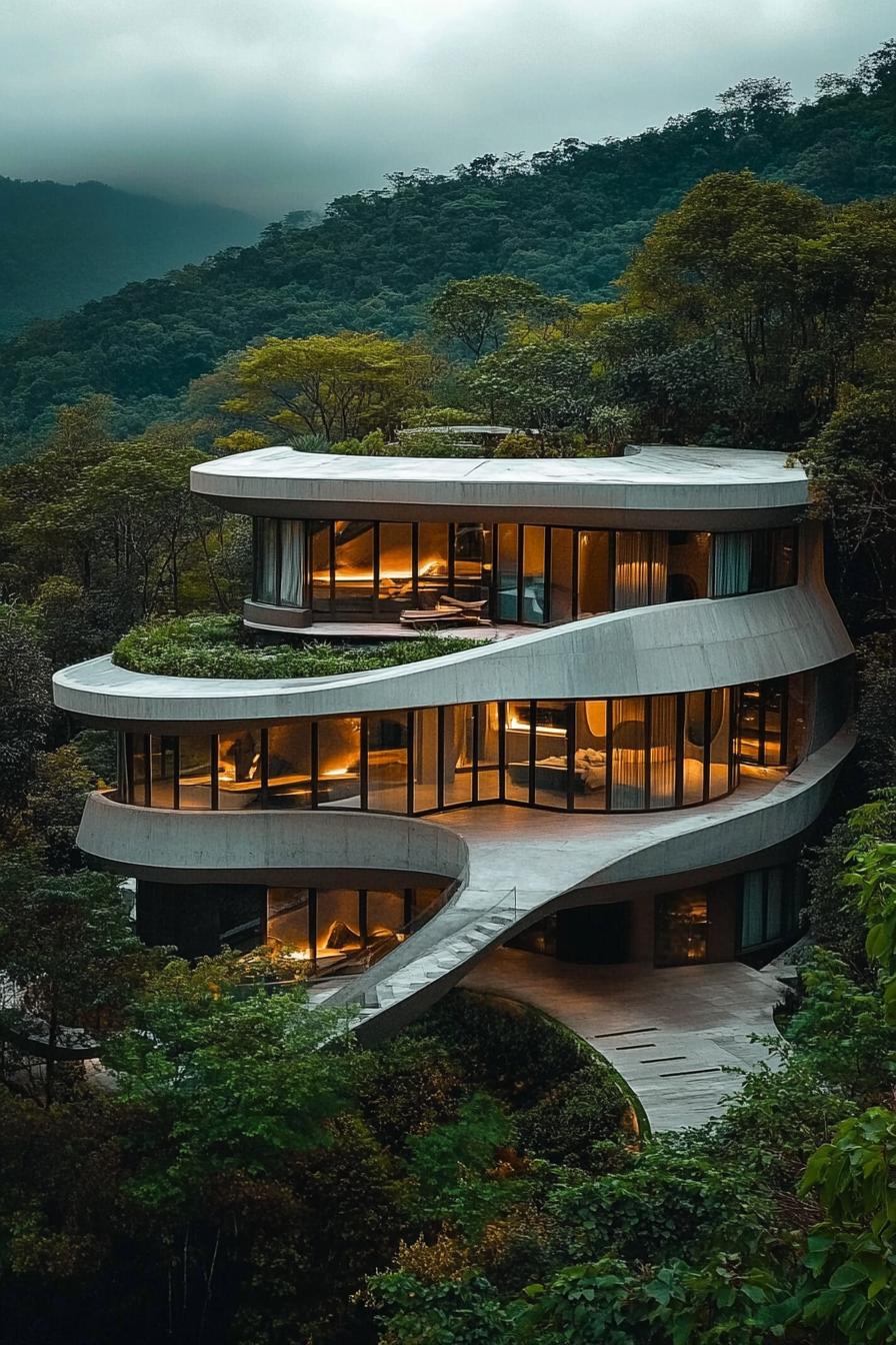 Modern home with curved design nestled in lush green hills