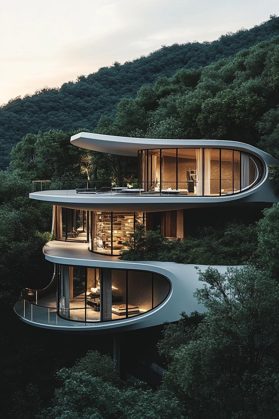 Layers of curved architecture with glass walls nestled in greenery