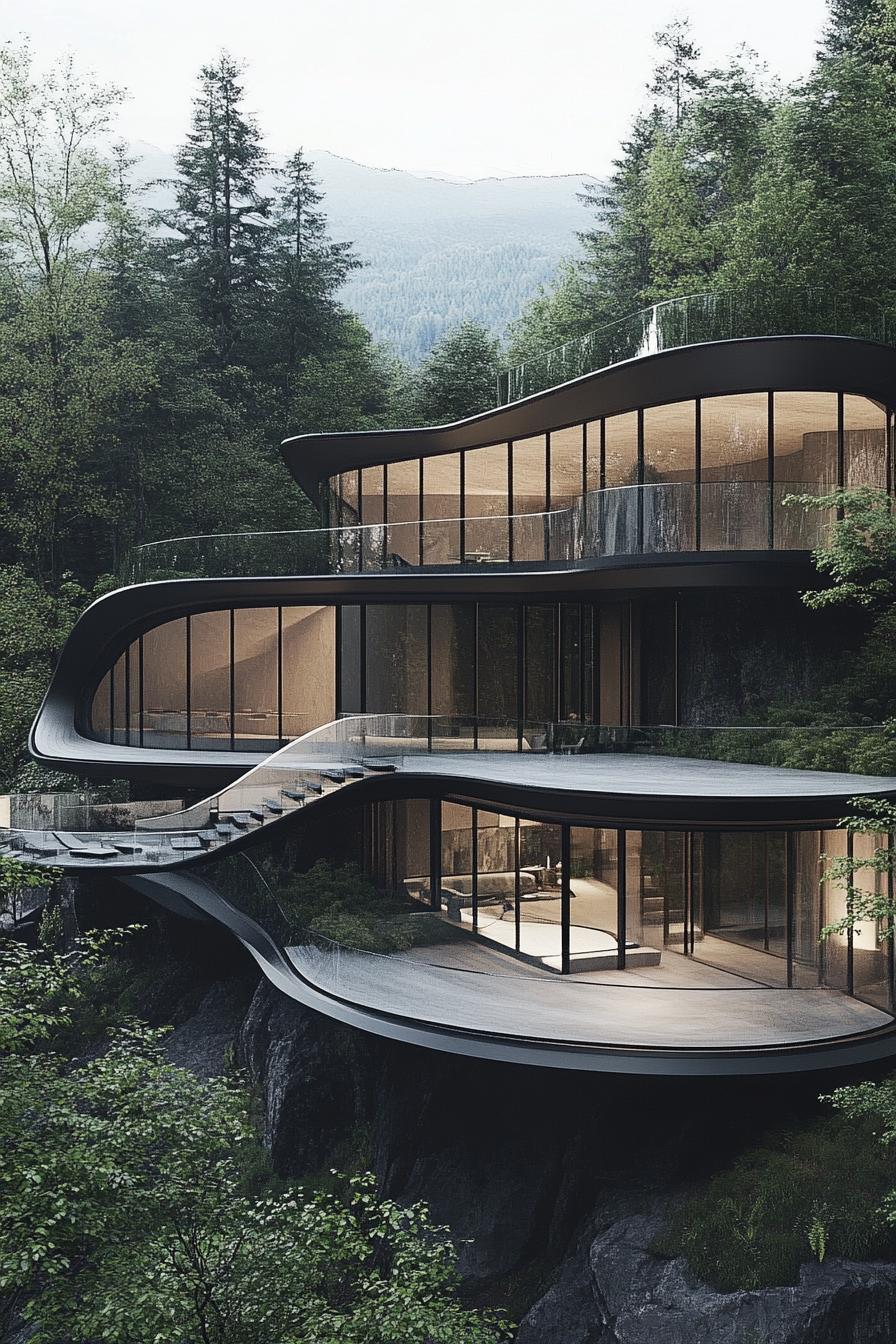 Futuristic house with curved glass and nature backdrop