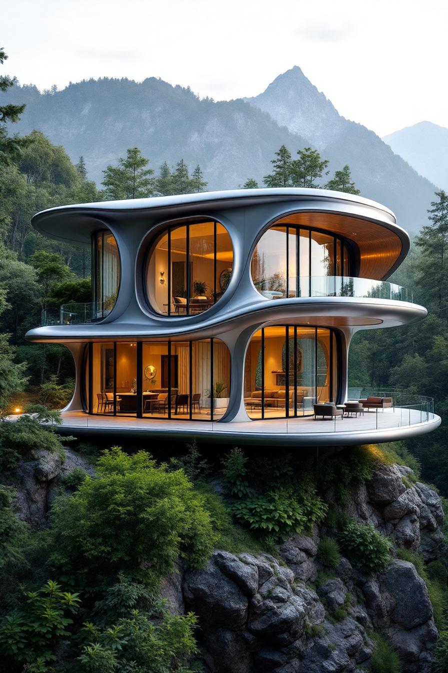 Futuristic house nestled on a rocky cliff