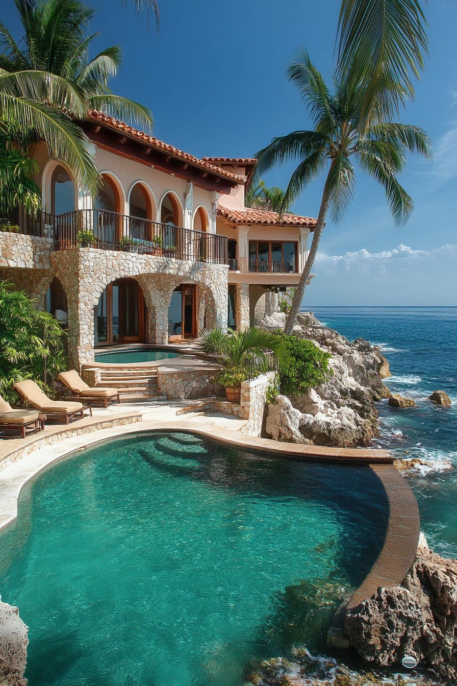 Luxurious beach house with stone facade, pool, and ocean view