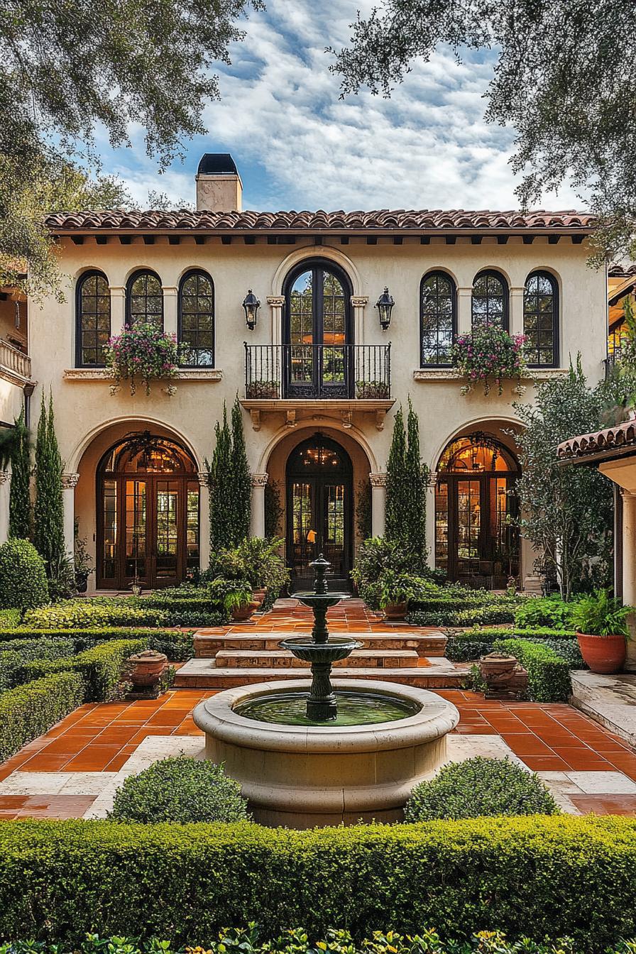 Mediterranean villa with arches and a courtyard fountain