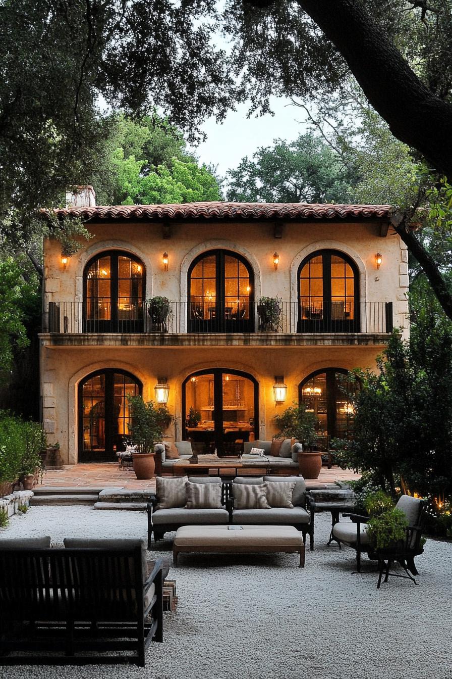 Elegant two-story Mediterranean-style house surrounded by lush trees