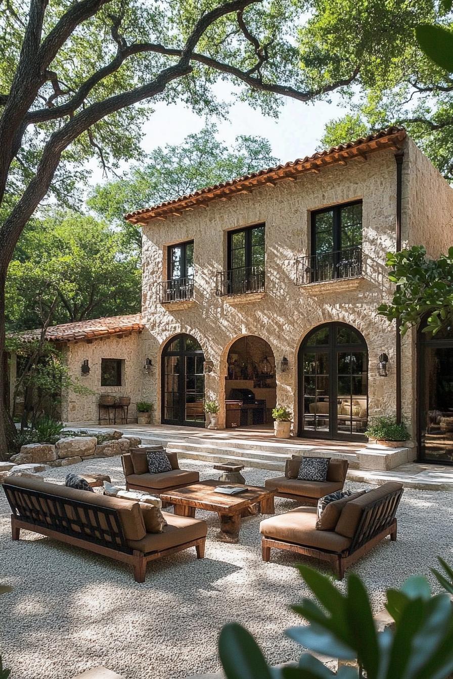 Lovely outdoor patio by a rustic stone house with arched windows