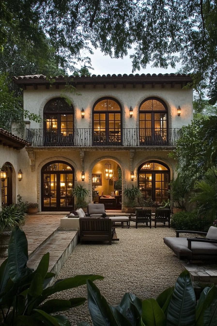 Elegant house with arched doorways and lush greenery