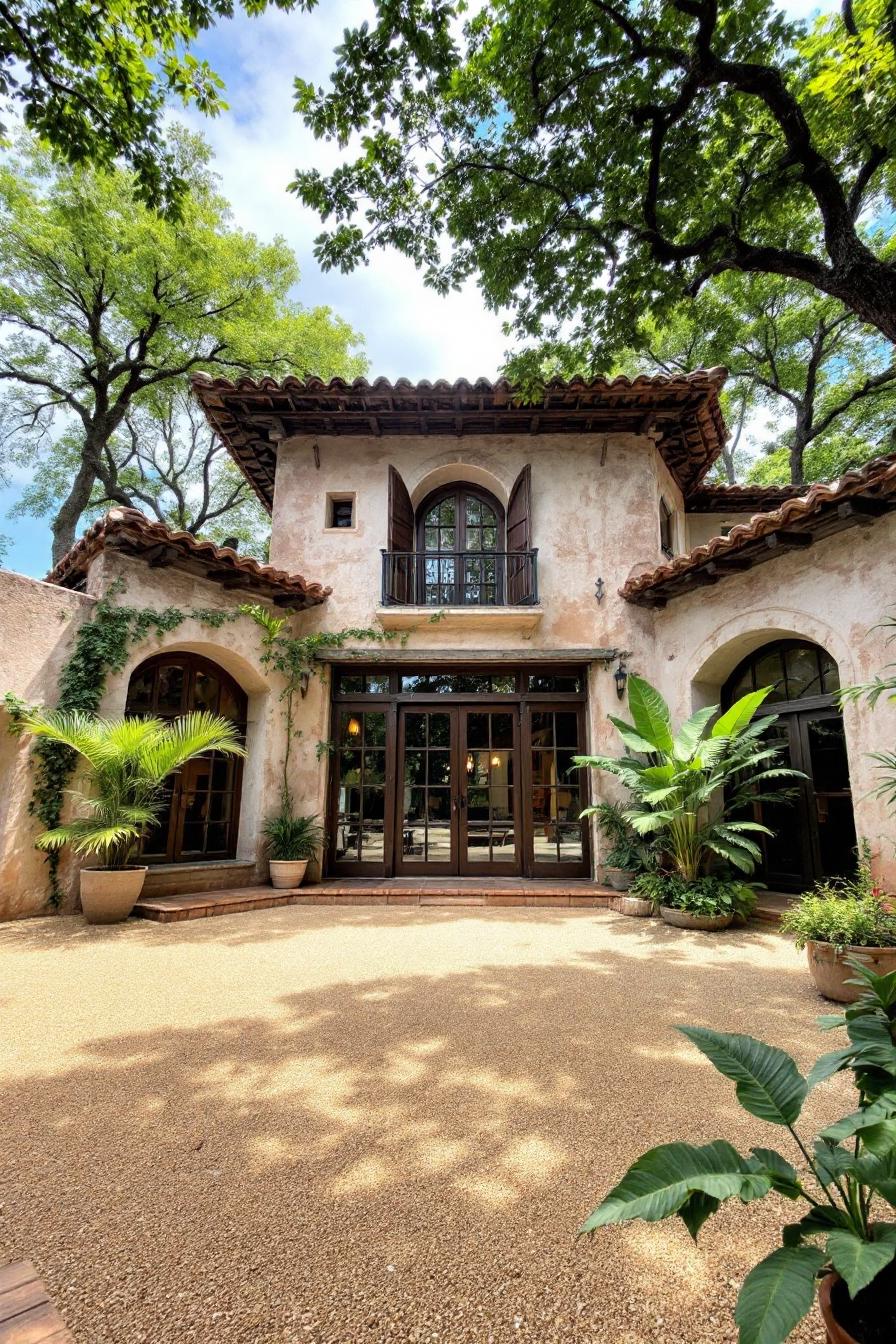 Two-story house with arched windows under tall trees