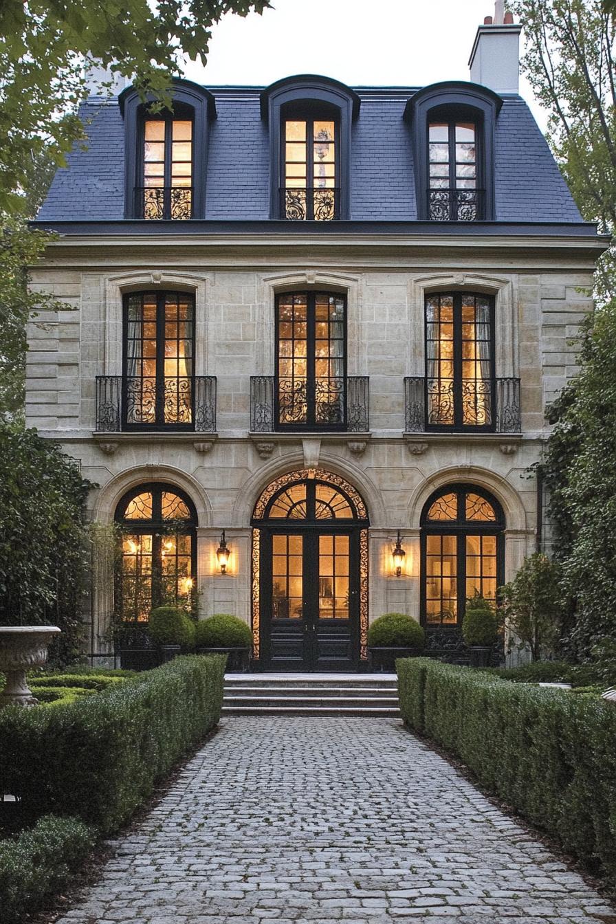 Stunning stone house with arch windows and elegant landscaping