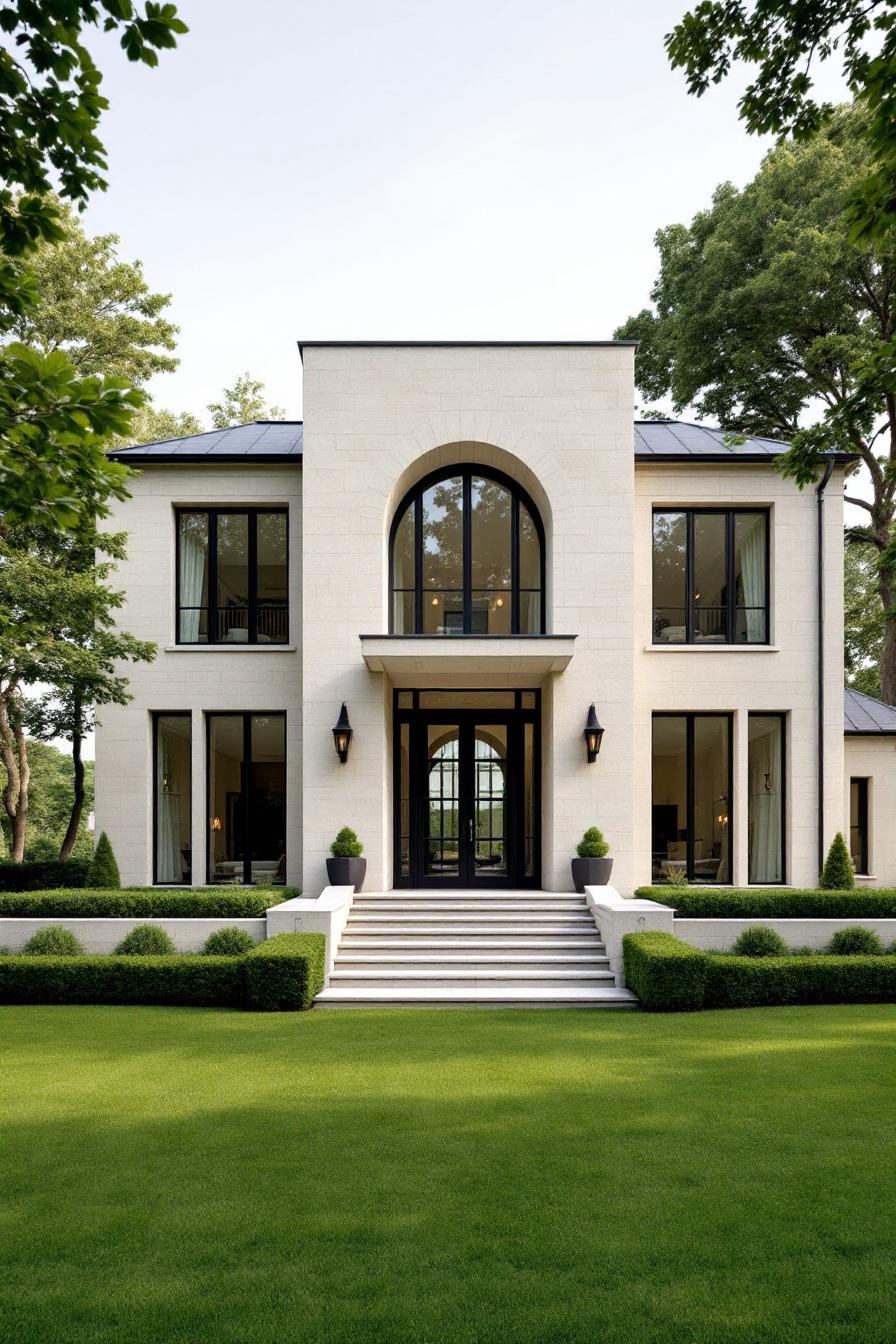 Modern French home exterior with large windows and lush garden