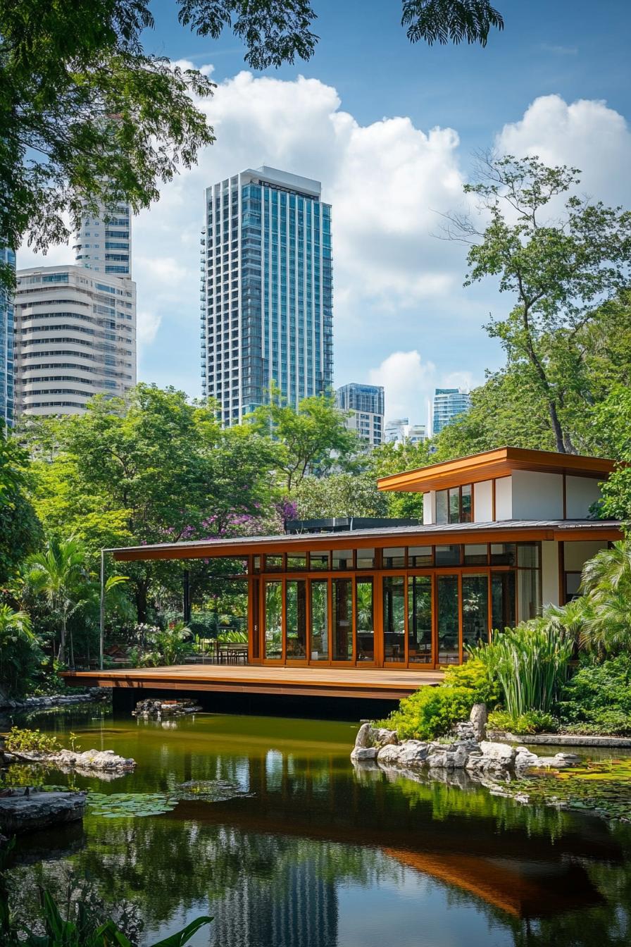 Modern Thai house by a tranquil pond, surrounded by greenery