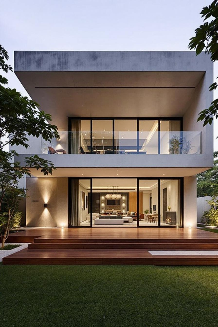 Modern Thai house with large glass doors and a wooden deck