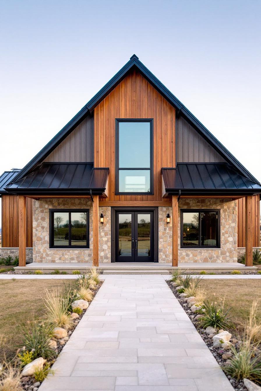 Modern barndominium with stone and wood facade