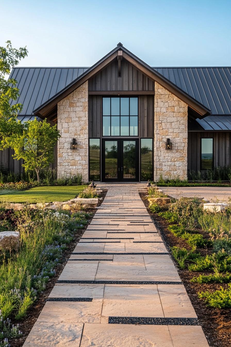 Elegant modern barndominium with stone and metal facade