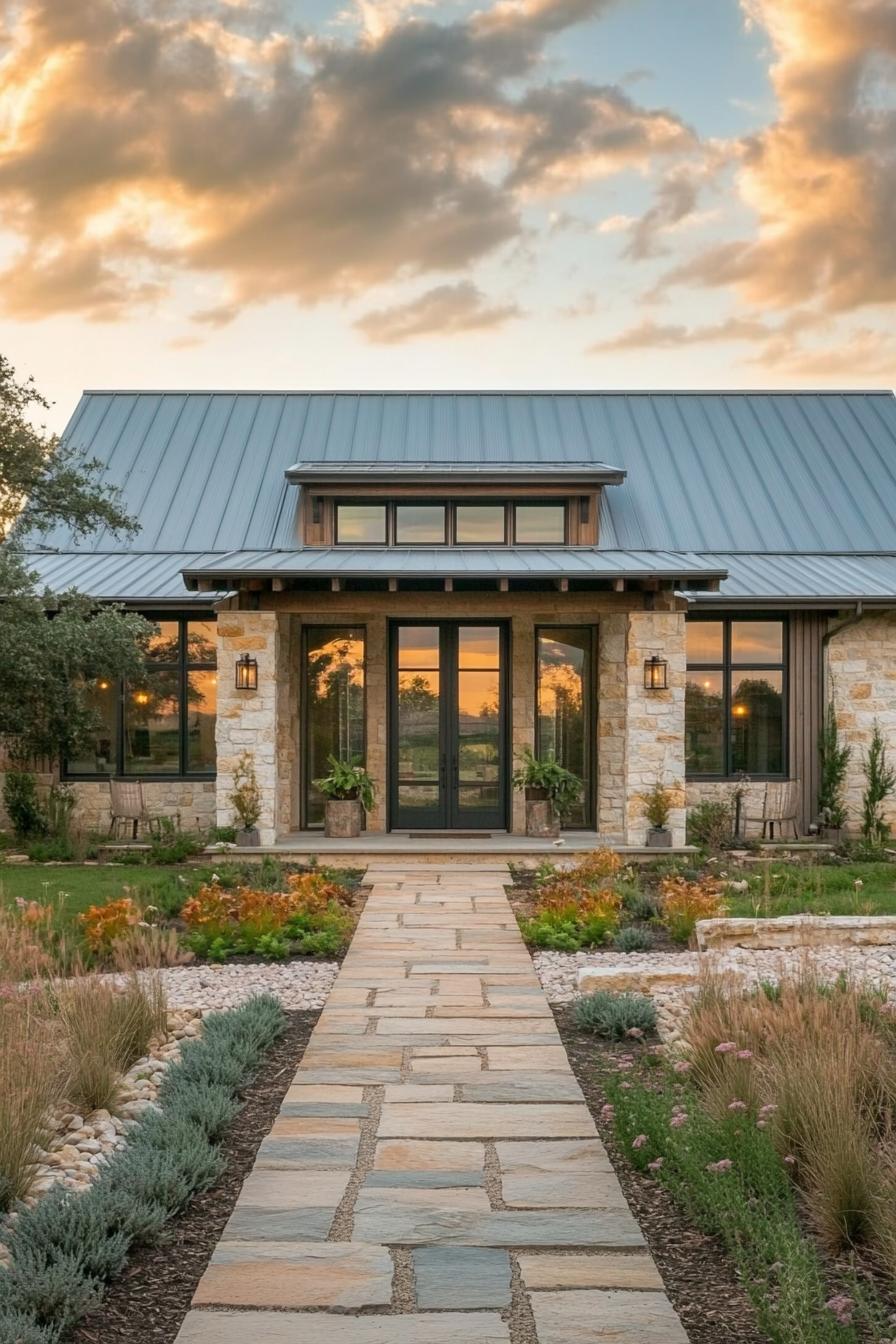 Stone Pathway Leads to Modern Barndominium