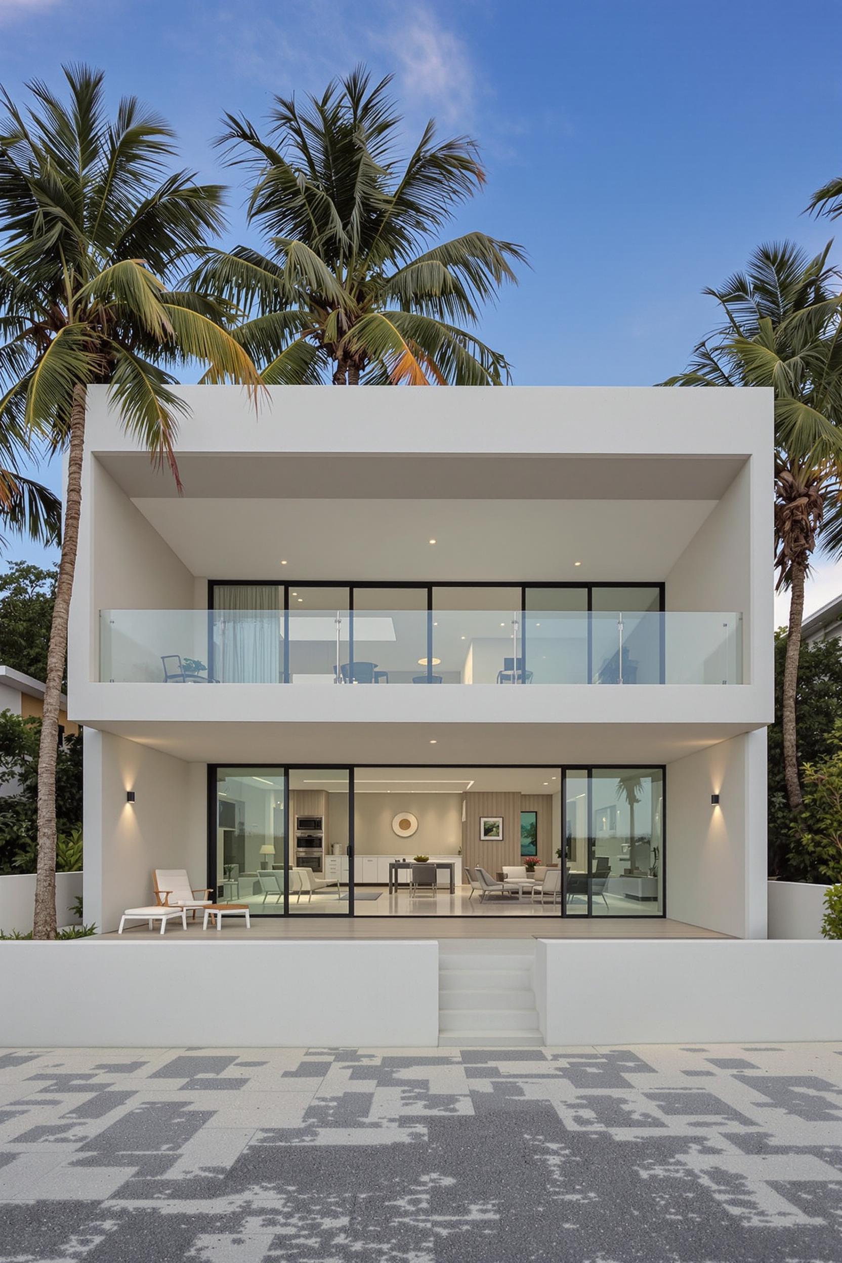 Modern beach house with a palm-lined background