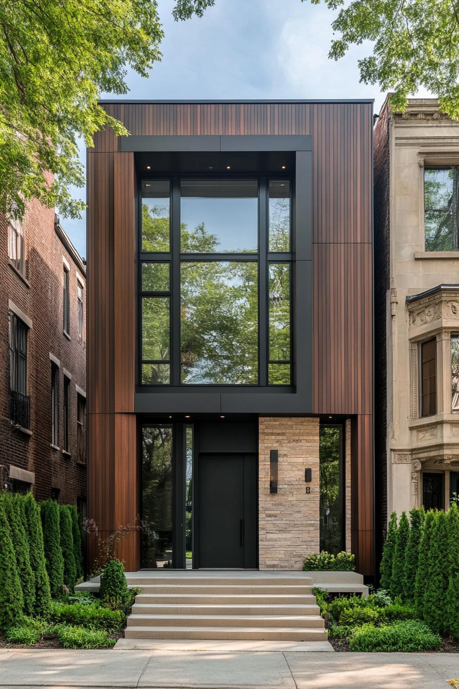 Modern facade of a house with a mix of stone and glass elements