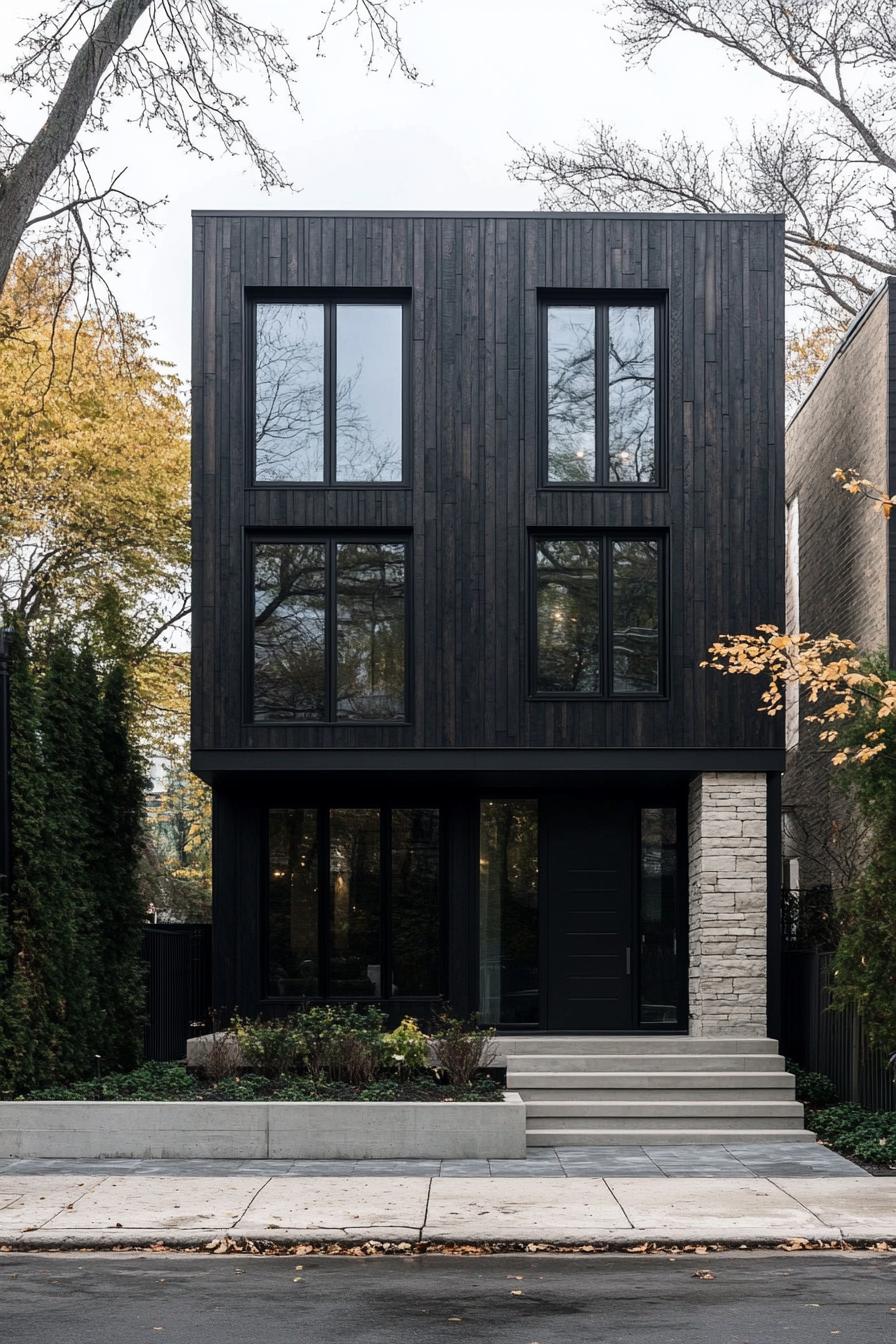 Modern dark facade with large windows and stone accents