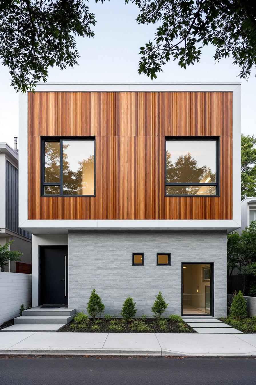 Modern facade with wooden upper section and stone lower section