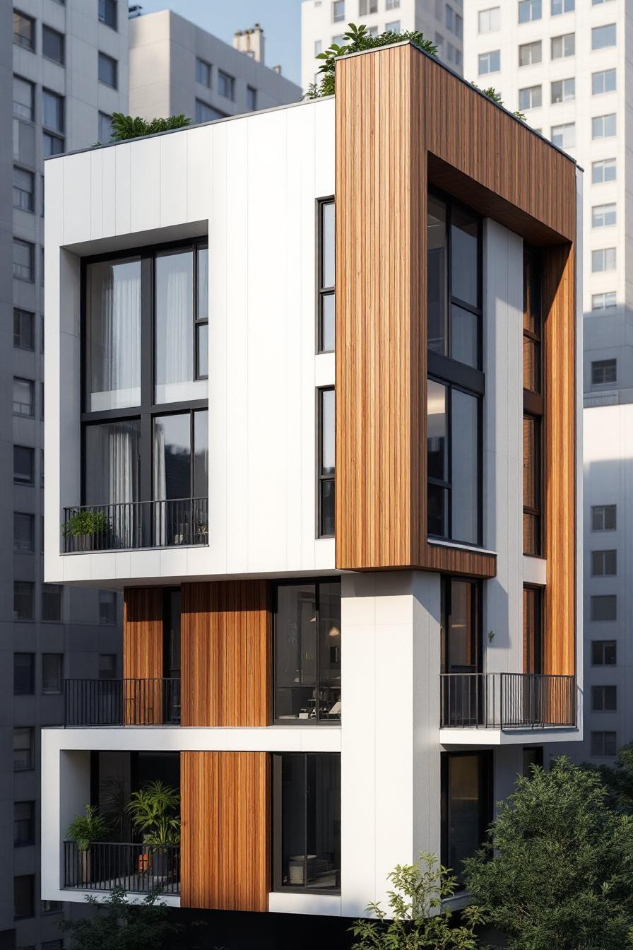 Modern residential building with wood accents and large windows