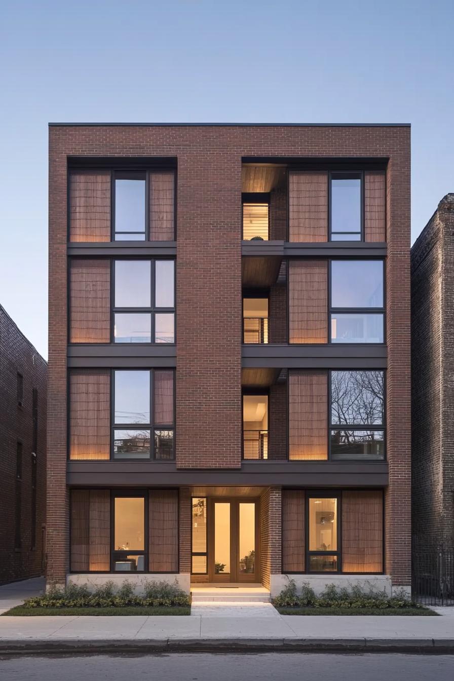 Modern brick building with symmetric windows and warm interior lights