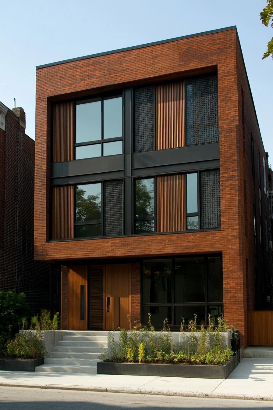 Contemporary residential building with brick and wooden accents