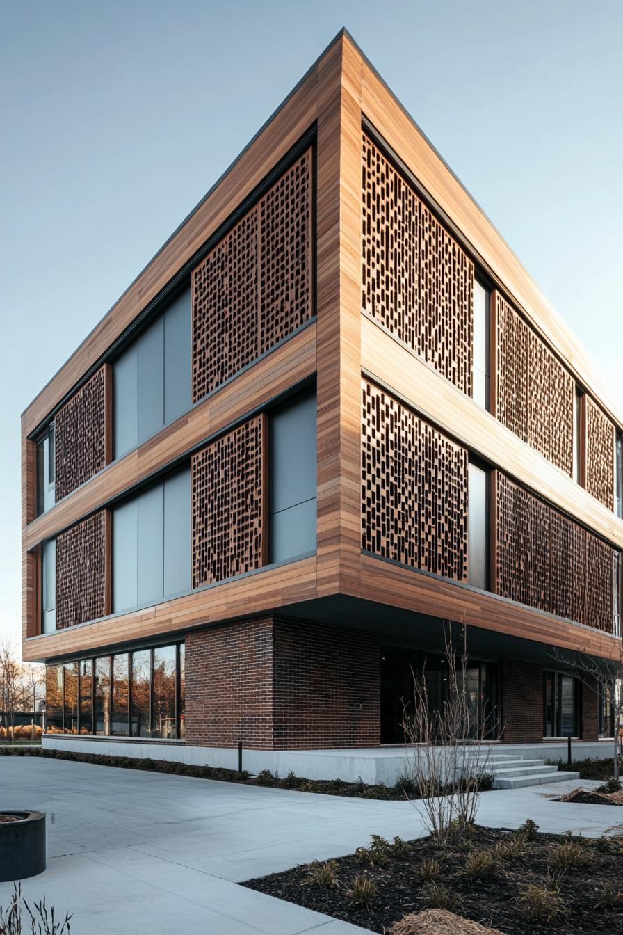 Wood and brick modern building with geometric patterns