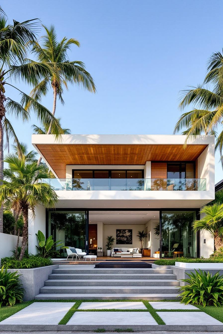 Modern two-story house with palms and large glass windows