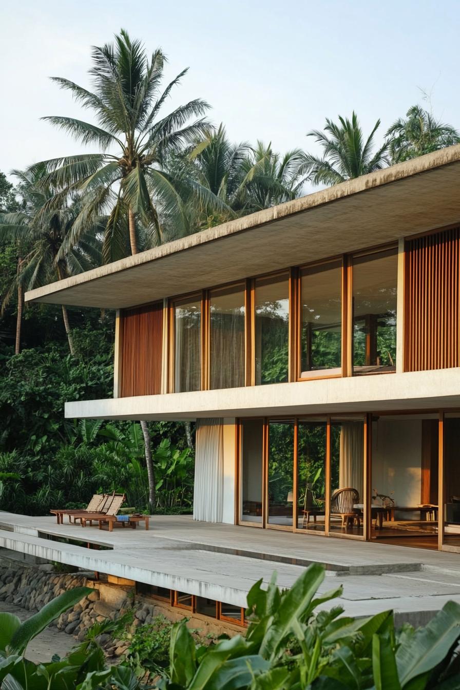 Contemporary house with lush palms and inviting deck