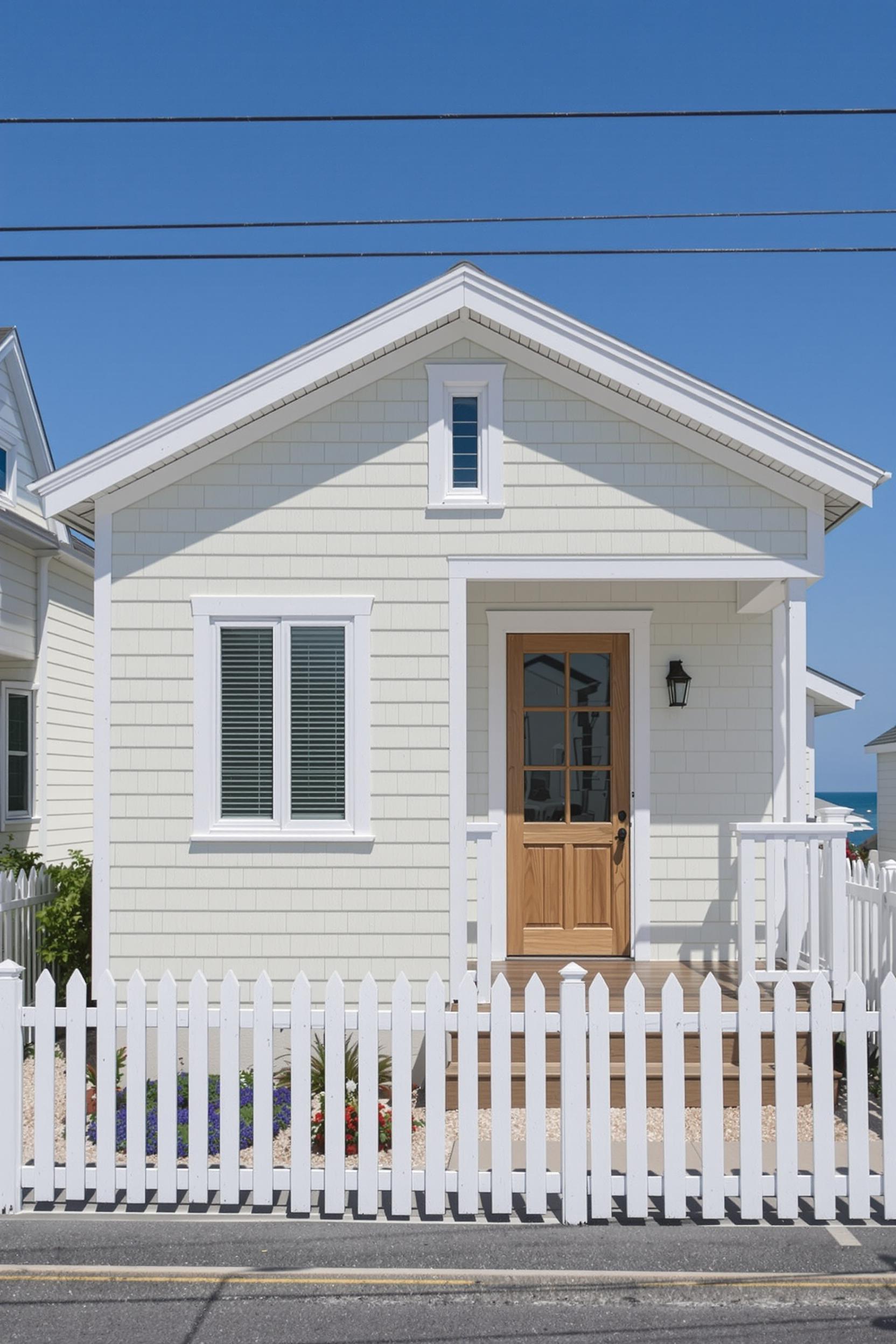 Small coastal house with a picket fence and blue sky