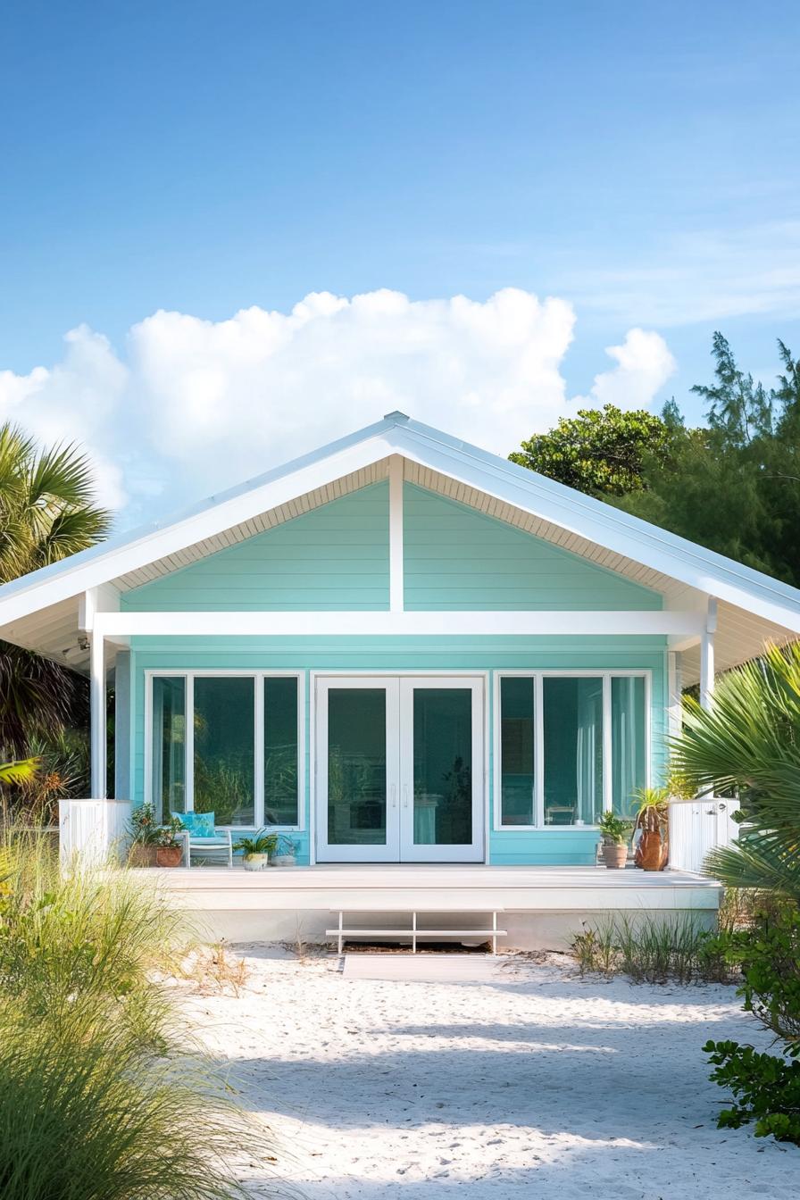 Turquoise beach house with white trim