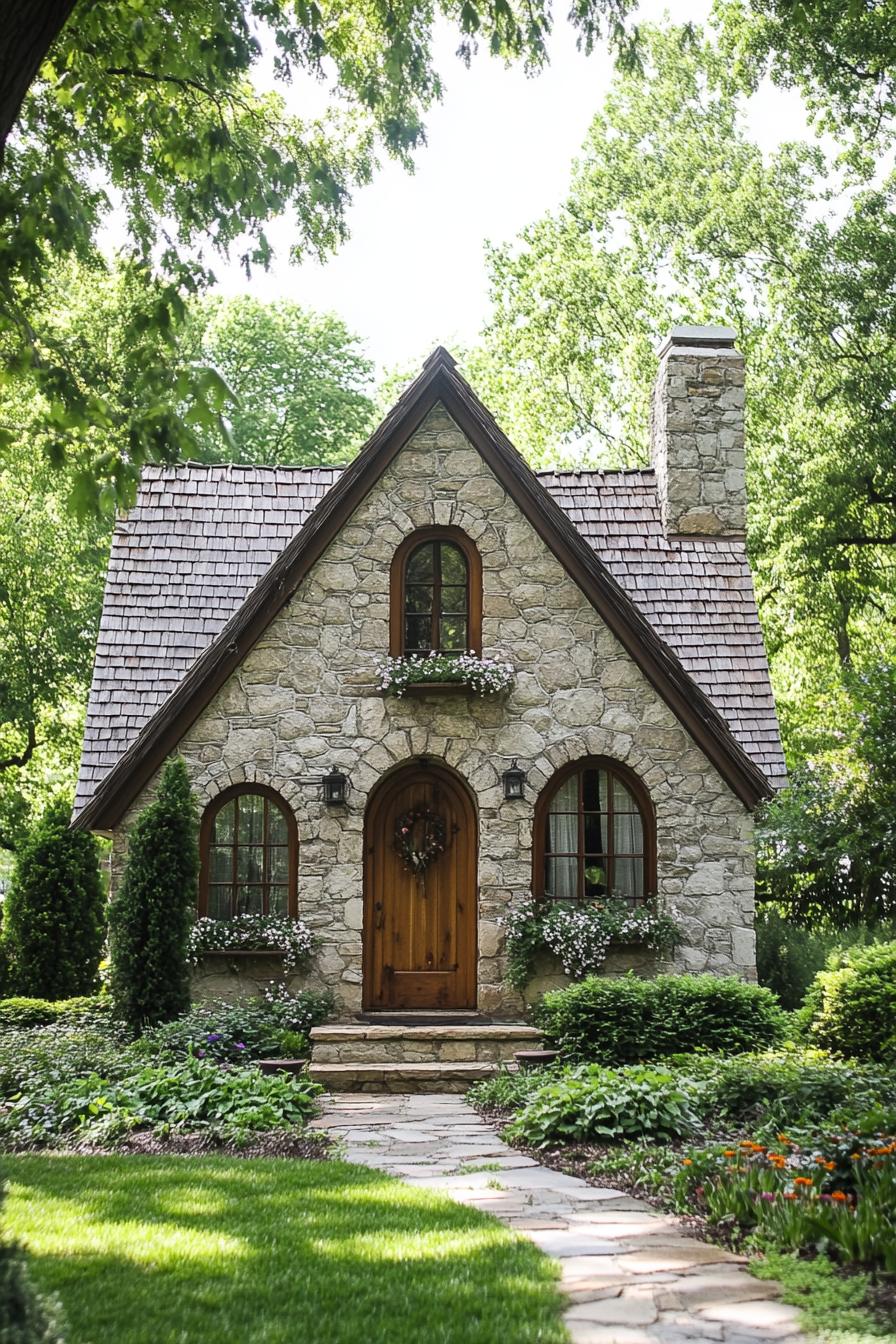 Stone cottage nestled among lush greenery