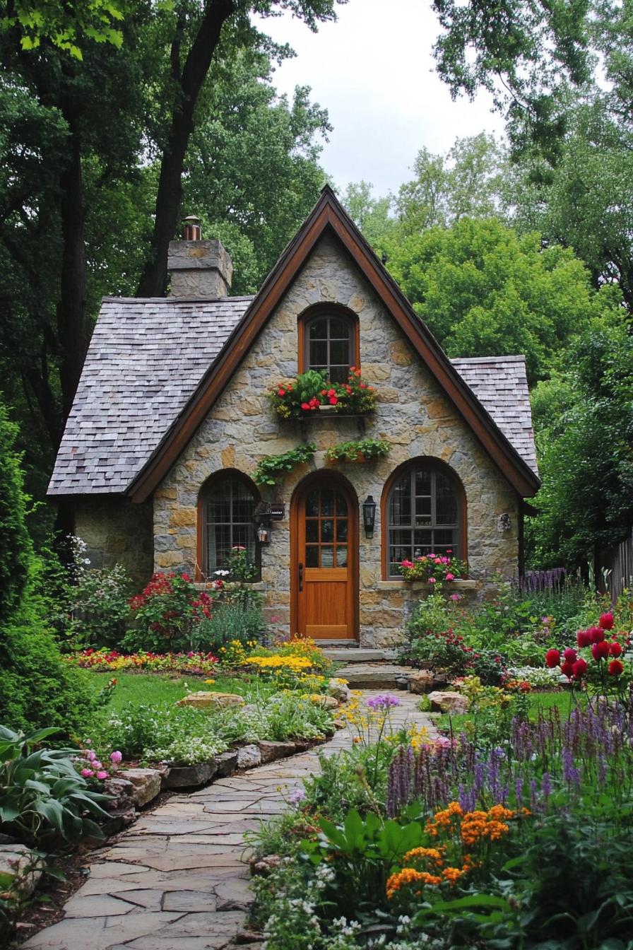 Charming stone cottage with vibrant floral garden