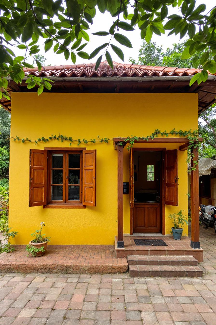 Bright yellow village house with a tiled roof and wooden windows